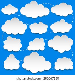 Creative speech bubble made of paper clouds on light blue sky background. Background vector illustration and blank space for text. Process, infographic