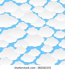 Creative speech bubble made of paper clouds on sunrays yellow sky background. Background vector illustration and blank space for text