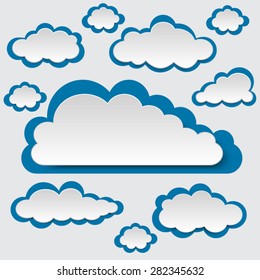 Creative speech bubble made of paper clouds on light blue sky background. Background vector illustration and blank space for text. Process, infographic