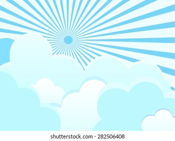 Creative speech bubble made of paper clouds on sunrays yellow sky background. Background vector illustration and blank space for text. Cloud symbol or logo