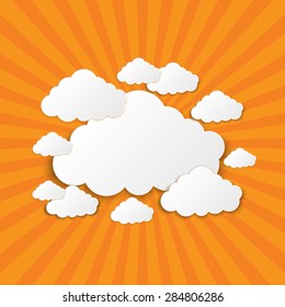 Creative speech bubble made of paper clouds on sunrays yellow sky background. Background vector illustration and blank space for text. Presentation, infographic, banner