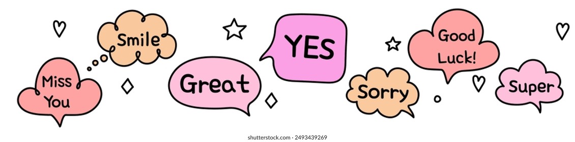 Creative speech bubble set with handwritten text. Hand drawn style chat box. Vector illustration