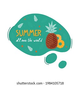 Kreative Sprechblase Sommer auf der ganzen Welt. Doodle bunter Sommeraufkleber mit süßen Symbolen. Stilvolles Angebot und Slogan. Perfekt für das Design von Bechern, Geschenken, Textilien, Karten, Bannern, Plakaten