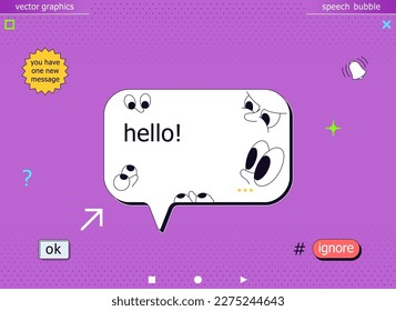 Creative speech bubble. Symbolizes various communication problems in social networks and the Internet. Cartoon message frame with watching eyes around.
 Trendy retrowave y2k vector graphics