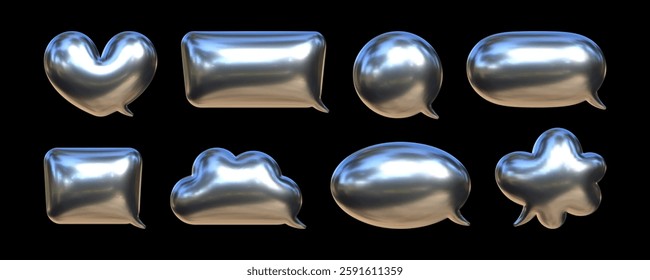 Creative speech bubbles in various forms with a reflective metallic texture arranged on a dark background