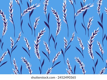 Creative spica branches seamless pattern on a blue background. Vector hand drawn sketch. Abstract artistic simple shapes tiny floral stems printing. Template for designs, fabric, textiles