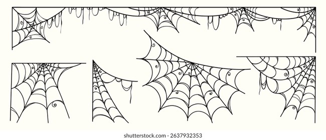 Creative Spider Web Set in Hand Drawn Style. Doodle arachnid web perfect for cards, party invitations, web, fashion, print