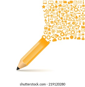 creative splash pencil with school icons set illustration. concept learning. the study of science. this work - eps10 vector file, contain transparent elements and mesh gradients