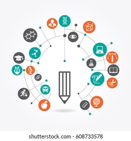 creative splash pencil with school icons set illustration. concept learning. the study of science. this work - eps10 vector file