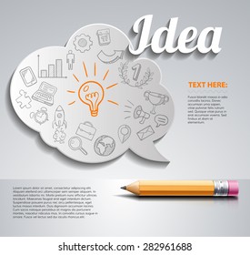 Creative splash  template with pencil and speak bubble.  Hand drawn icons Idea and business, can be used for infographics and banners, idea concept vector illustration