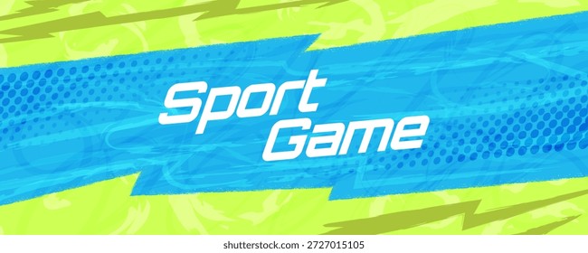 Plano de fundo de esporte criativo com formas de pincel azul e verde e padrão de meio-tom. Design energético e dinâmico do banner do esporte