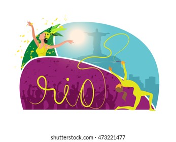 Creative Sports background with stylish text Rio, Gymnastic Girl with Ribbon and Samba Dancer on city view background, Can be used as Poster, Banner or Flyer design.