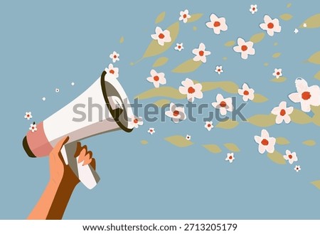 Creative Spring Announcement: Megaphone Emitting Flowers and Leaves