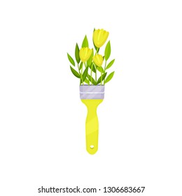Creative spring bouquet with paint brush handle. Bright yellow tulip flowers with green leaves. Flat vector icon