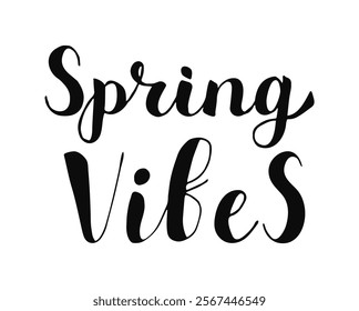 Creative spring Calligraphy lettering showcases the phrase spring vibes in a stylish typography. This design evokes feelings of renewal and warmth, ideal for seasonal decorations or events.