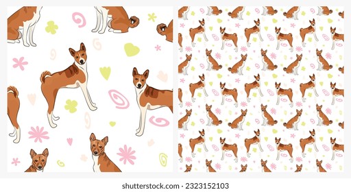 Creative spring pattern with spirals, leaf, flowers, golden retriever dogs. Pastel colors. Elegant, soft seamless background, abstract summer pattern with hand-drawn colorful shapes and Basenji 