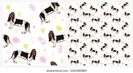 Creative spring pattern with spirals, leaf, flowers, hound dogs. Pastel colors animal seamless background. Elegant, soft, abstract summer pattern with hand-drawn colorful shapes and basset hound.