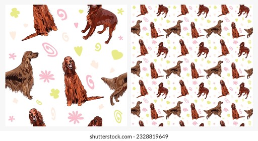 Creative spring pattern with spirals, leaves, flowers, and dogs. Pastel colors animal seamless background. Elegant, soft, abstract summer pattern with hand-drawn colorful shapes and an Irish setter.