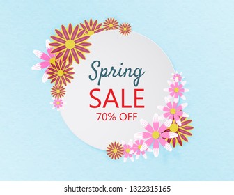 Creative spring sale banner background papercut style. Vector illustration. template. poster. advertising board. flyer. brochure. voucher discount. invitation.