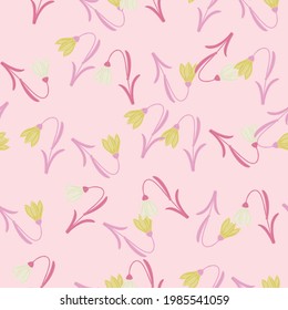 Creative spring seamless pattern with doodle bluebell elements. Pink pastel background. Floral backdrop. Flat vector print for textile, fabric, giftwrap, wallpapers. Endless illustration.