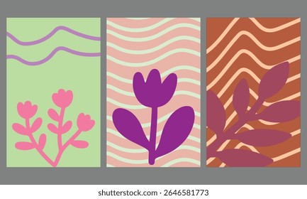 Creative Spring and Summer Card Set of Abstract Leaves, Plants, and Flowers in Modern Minimalist Design Templates