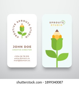 Creative Sprout Studio Abstract Modern Vector Logo and Business Card Template. Pencil Flower Flat Style Concept. Premium Stationary Realistic Mock Up. Isolated.