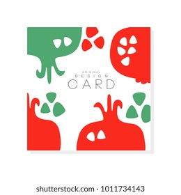 Creative square card with red pomegranate. Natural and healthy eating. Tropical fruit. Organic and tasty nutrition. Product surface design. Abstract vector illustration