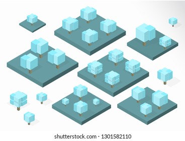 Creative square cubic trees. Isometric vector illustration of different types of wood for game design. Vector graphics.