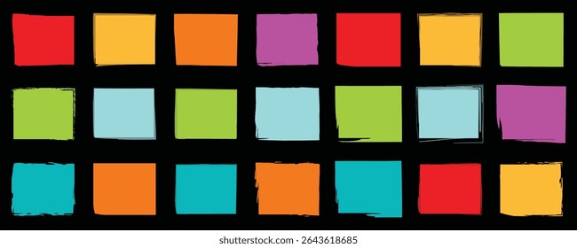Creative square elements in bright colorful fills and artistic brush stroke outlines ideal for digital art projects, print layout, and funky graphic design.