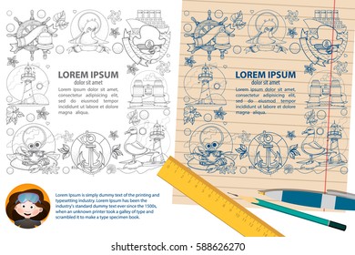 Creative square frame with space for text. Marine theme. Resorts and marine travel on the ship.