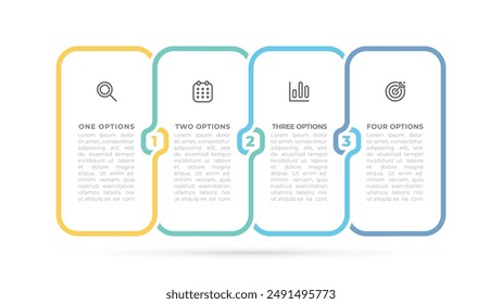 Plantilla de diseño de infografía cuadrada creativa. Diseño conectado con iconos de marketing y 4 opciones, pasos y procesos. Ilustración vectorial.