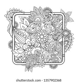 Creative square layout with zentangle equibana flowers iside white square frame