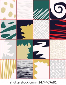 Creative squares seamless pattern with dots, lines, and other elements.