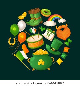 Creative St Patrick's day elements collection in round shape includes holiday garlands, leprechaun hat and boots, hellium balloons, drums, irish flag, lucky horseshoe, shamrocks, ginger beard etc.