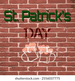 A creative St. Patrick's Day illustration featuring a red brick wall with bold green text and hand-drawn white beer mugs. The rustic design symbolizes Irish celebrations and traditional pub culture.