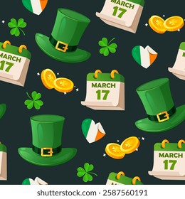 Creative St. Patrick's day seamless pattern with irish flag, golden coins, leprechaun hat and shamrocks isolated on dark green background.