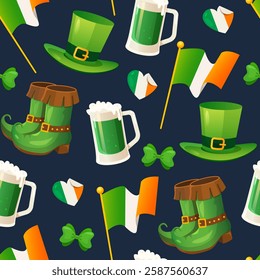 Creative St. Patrick's day seamless pattern with irish flags, leprechaun boots and hats, glasses of beer and green bows isolated on dark green background.