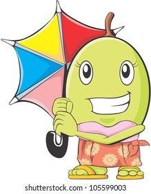 Creative Star Apple Fruit Illustration in beach wear with umbrella