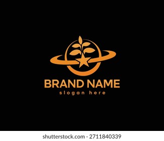 Estrella creativa con la línea de la estrella que rodea el círculo con la hoja en la Plantilla media del diseño del logotipo