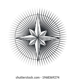 Creative star with rays and a round frame. Boho tattoo, magic symbol, christmas sign. Creative outline illustration isolated on white background. Star icon.