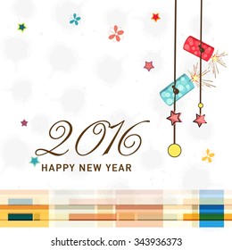 Creative stars, flowers and burning crackers decorated greeting card design for Happy New Year 2016 celebration.