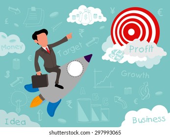 Creative start up business infographic layout with illustration of a businessman flying on rocket for trying to reach his successful goal and target.