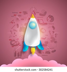 Creative start up business infographic layout with various elements and colorful rocket on glossy background.