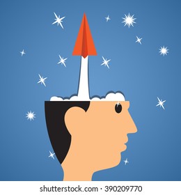 creative start, Paper airplane start from head to success. idea business. vector illustration.
