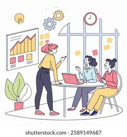 Creative startup brainstorming session with charts and sticky notes