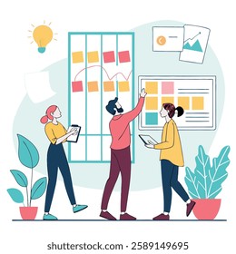 Creative startup brainstorming session with charts and sticky notes