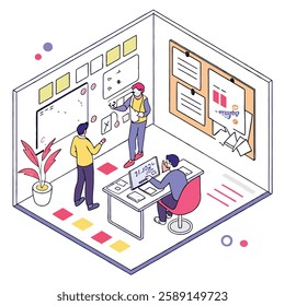 Creative startup brainstorming session with charts and sticky notes