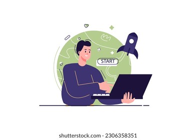 Creative startup concept with people scene in the flat cartoon design. A young guy launches his first creative startup on the Internet. Vector illustration.
