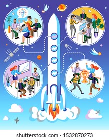 Creative startup launch flat vector illustration. Happy young colleagues, cartoon characters. Business development, team building, profit growth metaphor. Coworkers teamwork, success achievement