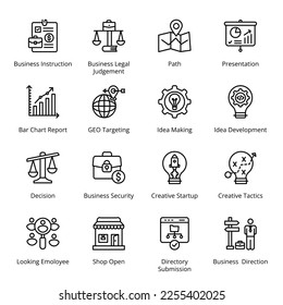 Creative Startup, Creative Tactics, Business Instruction, Business Legal Judgement, Path, Presentation, Decision, Business Security, Looking Employee, 
 Outline Icons - Stroked, Vectors
